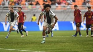 Paris Brunner cetak gol tunggal Jerman U17 ke gawang Spanyol U17.(ist)